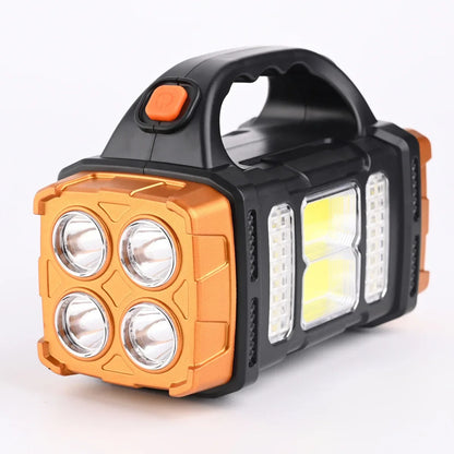 2024 Powerful LED Flashlight USB+Solar Rechargeable Flashlight COB Outdoor Camping Torch Portable Searchlight Power Bank Outdoor