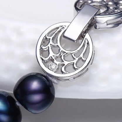 7-10mm Natural Freshwater Black Pearls Necklace for Women 925 Sterling Silver Life of Tree Buckle Necklace Jewelry Gift