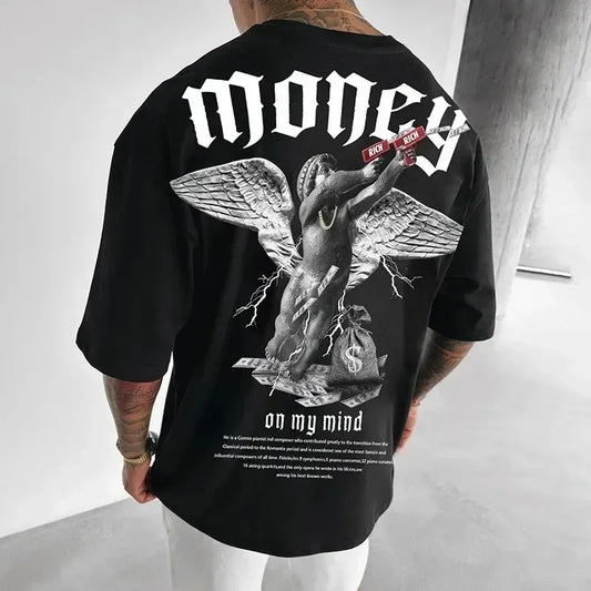 Oversize Streetwear Men Money Angel Print T Shirts Short Sleeve O Neck Tee Tops Summer Fashion Trend Clothing for Mens Loose Fat - Teglex -