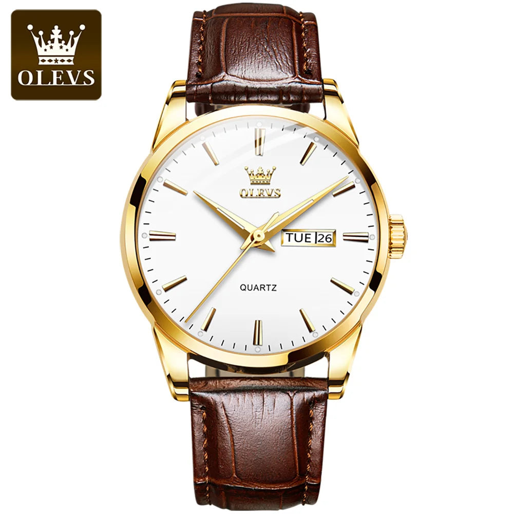 Gold watch with brown leather strap on a white background, featuring the OLEVS brand.