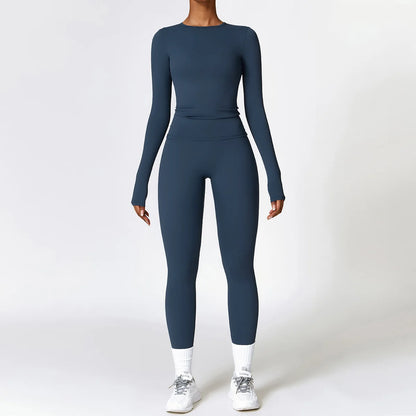 2PCS Yoga Set Women Gym Clothing Fitness Workout Set Sportswear Female Long Sleeve Crop Top High Waist Leggings Sports Suits