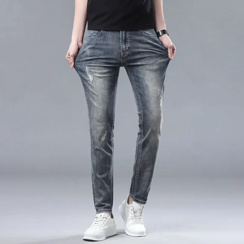 Slim Fit Freizeithose Herren Leichte Sommer Mode Elastische Freizeithose Straight Leg Baumwoll-Denim Mittlere Taille Reißverschluss
