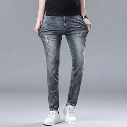 Slim Fit Freizeithose Herren Leichte Sommer Mode Elastische Freizeithose Straight Leg Baumwoll-Denim Mittlere Taille Reißverschluss