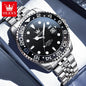 Silver watch with black dial on a reflective surface, featuring the OLEVS brand.