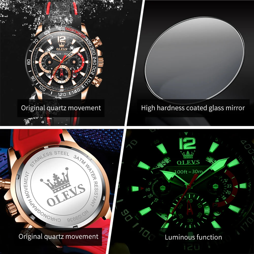 Collage of a watch with features highlighted, including quartz movement, glass mirror, brand logo, and luminous function.