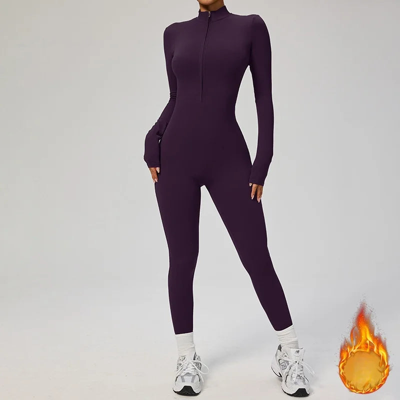 Zipper Winter Fleece Yoga Jumpsuits for Women Bodysuit Longsleeve Sport Overalls Fitness One-Piece Suit Gym Workout Tracksuit