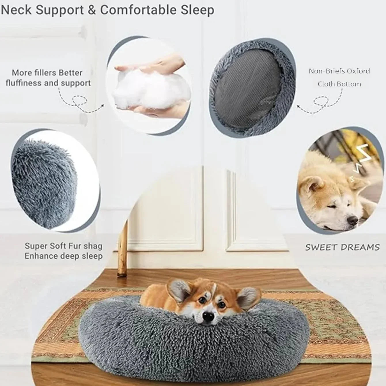 40-90cm Rundes Haustierbett für große Hunde Super Weiches Katzenbett Langes Plüsch Hundebett für mittlere Hunde Winter Warmes Schlafplatz