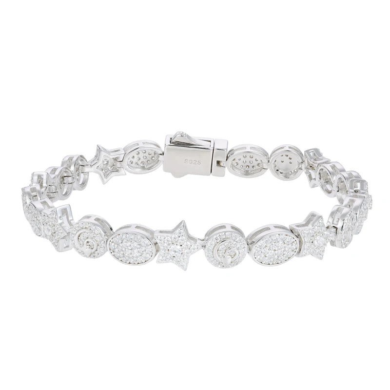 Silver bracelet with star and circle designs on a white background