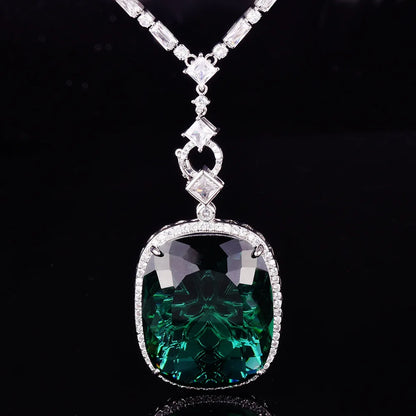 Luxury Rectangle Shape Green Cubic Zirconia Pendant Necklaces Temperament Elegant Women's Wedding Anniversary Party Jewelry