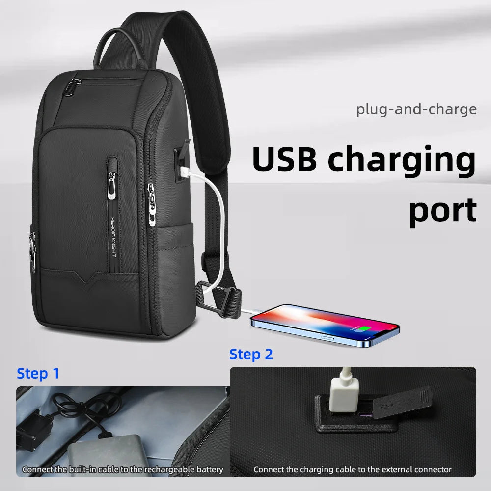 HK Anti-theft Men's Shoulder Bag Waterproof Chest Crossbody Bag with USB Oxford Leisure Satchel Multi-Pockets Sling Bag for Male