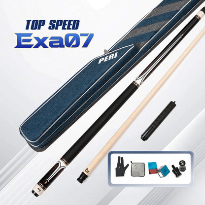 Pool cue with blue case and accessories on a white background, featuring 'Top Speed Exa07' branding.