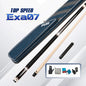 Pool cue with blue case and accessories on a white background, featuring 'Top Speed Exa07' branding.