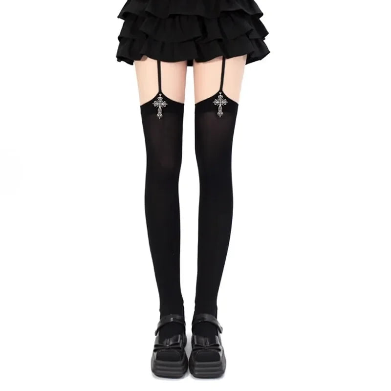 Gothic Cross Suspender Thigh High Stockings for Women | Lolita Anime Cosplay Over Knee Socks