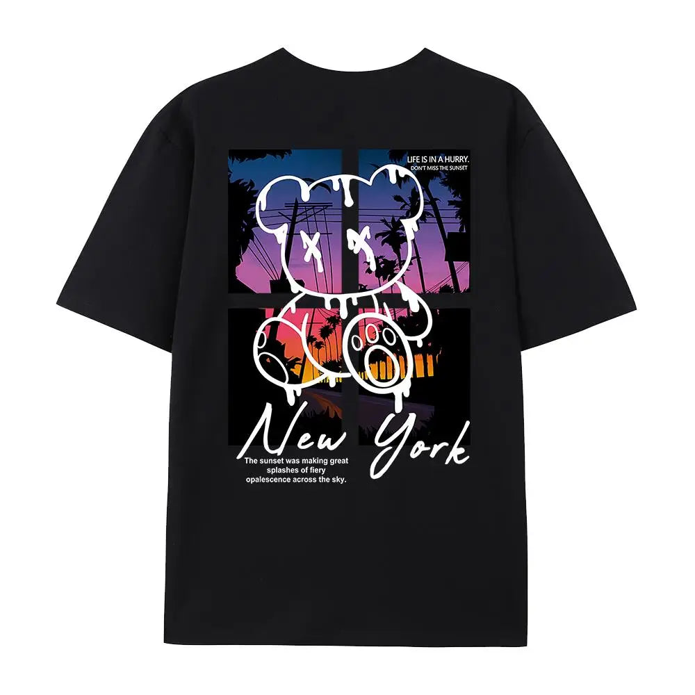 New York Art Wort Cartoon Bär Sonnenuntergang Landschaft Design T-Shirts Herren Hip Hop Baumwollshirt Loose Sommer T-Shirts Oversized T-Shirts