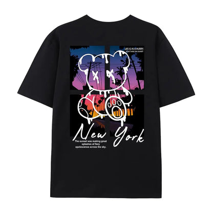 New York Art Wort Cartoon Bär Sonnenuntergang Landschaft Design T-Shirts Herren Hip Hop Baumwollshirt Loose Sommer T-Shirts Oversized T-Shirts