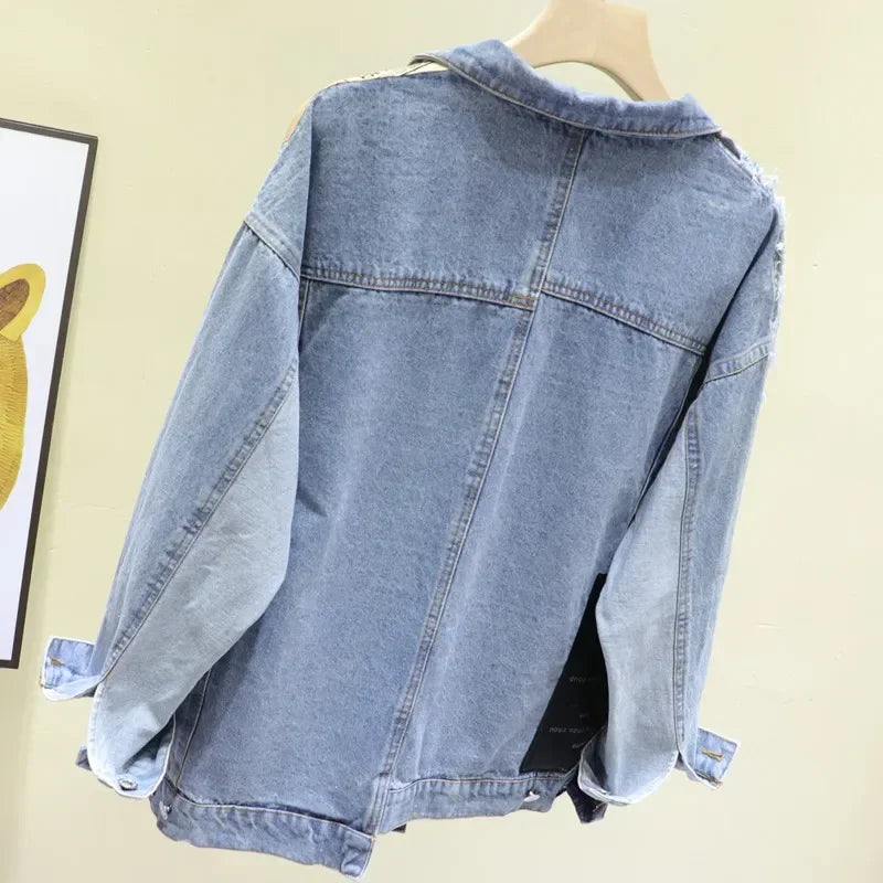 Women's Vintage Denim Jacket – Letter Print Casual