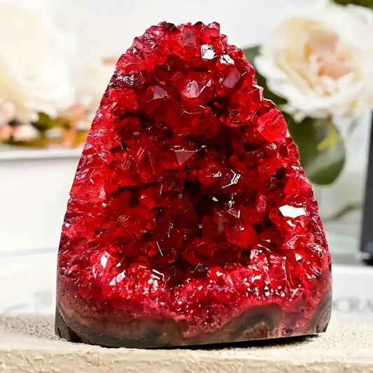 Red crystal rock on a neutral background with blurred flowers in the background