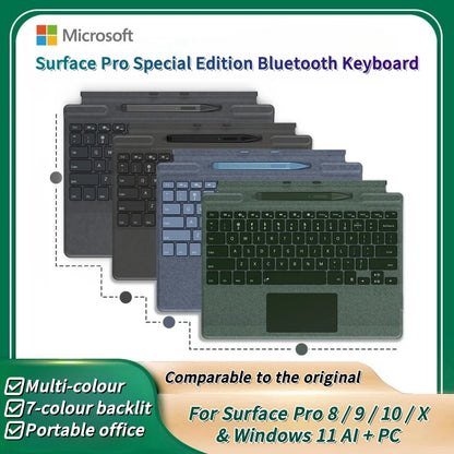 2025 New Color Microsoft Surface Pro 8/9/X/10/11 Bluetooth Magnetic Keyboard with Pen Slot,Touchpad and 7-color Backlit Keyboard