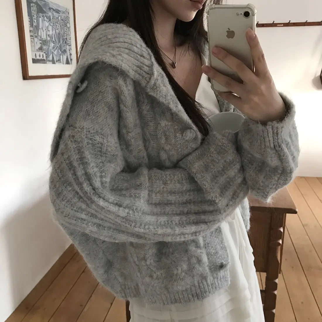 Women's Chic Autumn Winter Knitted Sweater Thi Needle Long Sve Navy Collar Lazy Knit Open Cardigan Soft Cozy Top