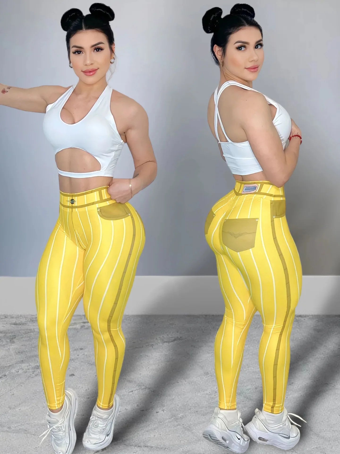 Women High Waist Sports Leggings Stripe Print Stretchable Yoga Pants Sexy Tight Fitness Workout  Gym Push Up Causal Pant