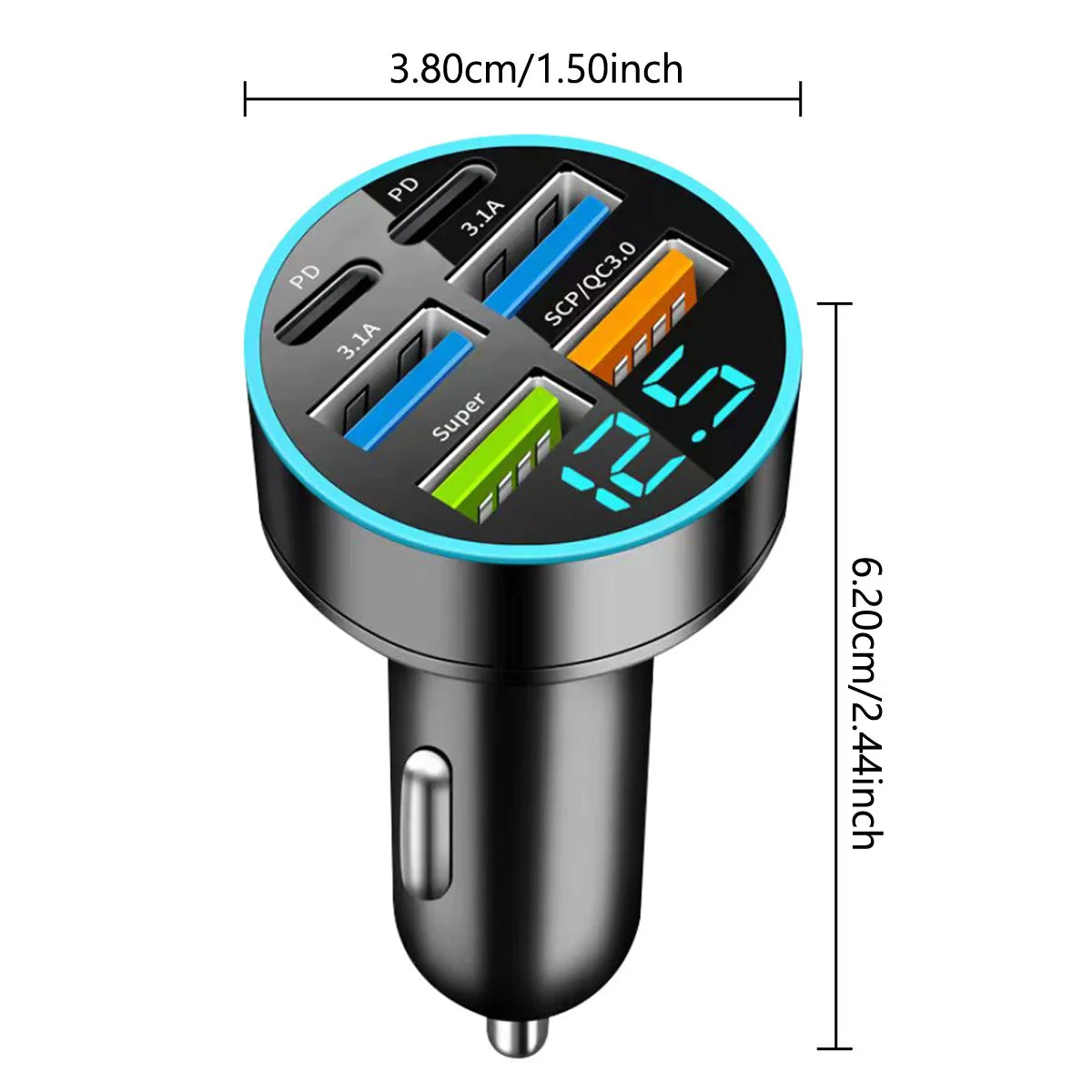 USB-C 6-Port Car Charger — Super Fast Charging with Voltage Detection Display