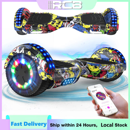 Colorful hoverboard with LED lights and a smartphone app, featuring the brand 'RCB'.