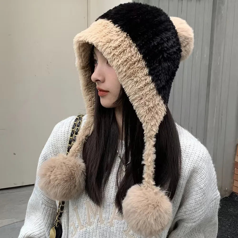 Niedliche Strickmütze mit Bommeln für Damen - Winter Warme Farbblockmütze für großen Kopfumfang Verdicktes Fleece Gefüttert Kälteschutz H