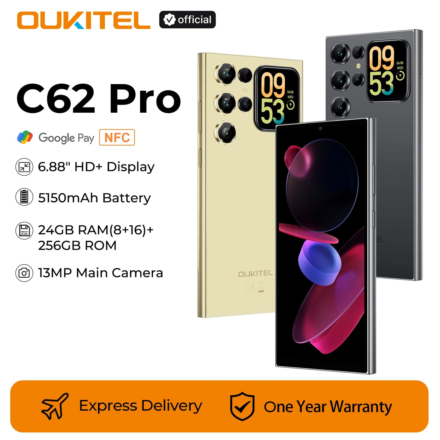 OUKITEL C62 Pro Smartphone Android 15, 6.88" HD+ Display Unisoc T615 Handy, 24GB (8+16) + 256GB, 5150mAh Akku NFC Mobiltelefon
