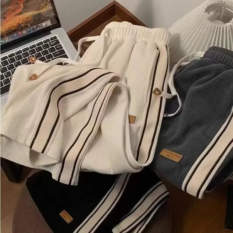 Loose Casual Pants Women's Straight Leg Sport Wide Leg Pants Corduroy Comfortable High Waist Long Pants Asymmetric Design