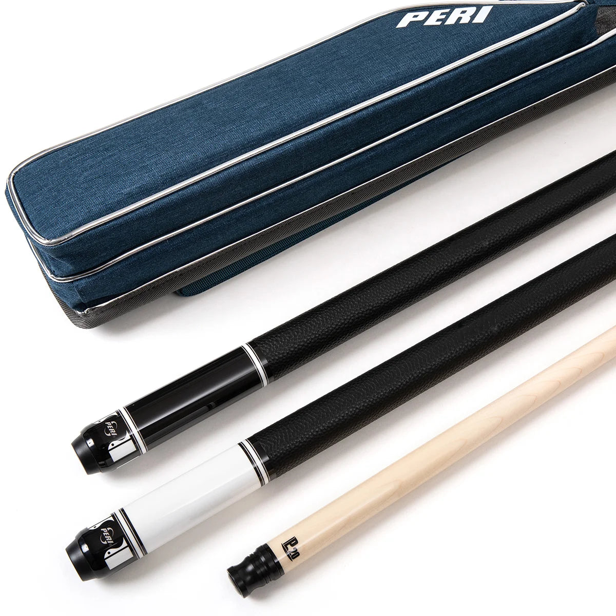 Two pool cues with a blue case labeled 'PERI' on a white background