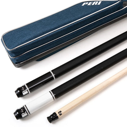 Two pool cues with a blue case labeled 'PERI' on a white background
