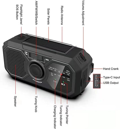 Tragbares Solar-Kurbelradio – Notfall-AM/FM/NOAA-Wetterradio mit Solarladefunktion, SOS-Alarm, LED-Taschenlampe und USB-Telefonladegerät