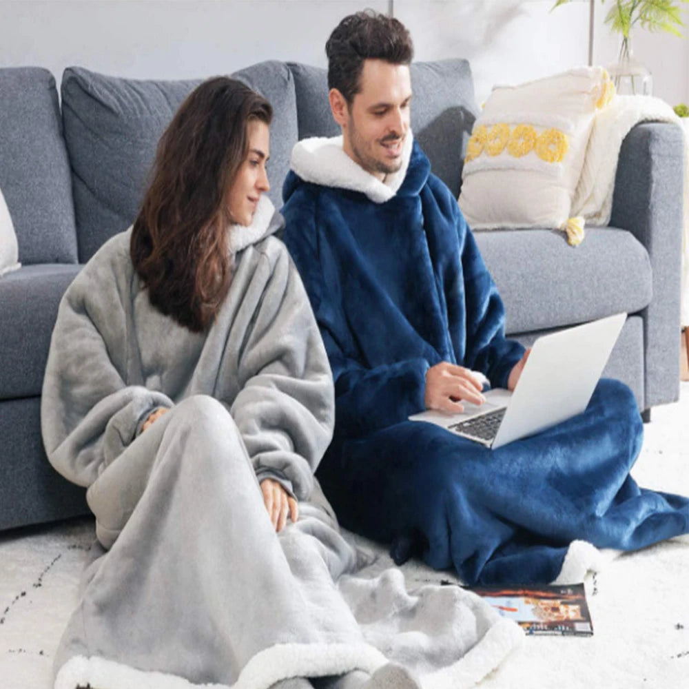 180cm Super Long Flannel Blanket Pyjamas with Sleeves Winter Hoodies Sweatshirt Women Men Pullover Fleece Giant Oversized Outdoo