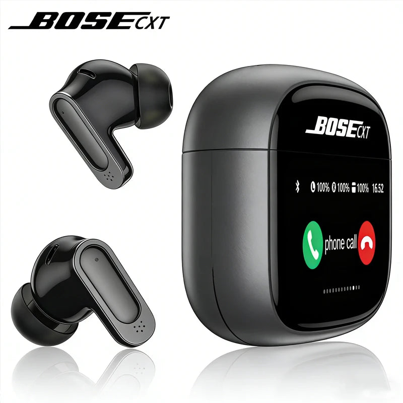 Bose wireless earbuds with charging case on a white background