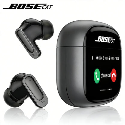 Bose wireless earbuds with charging case on a white background
