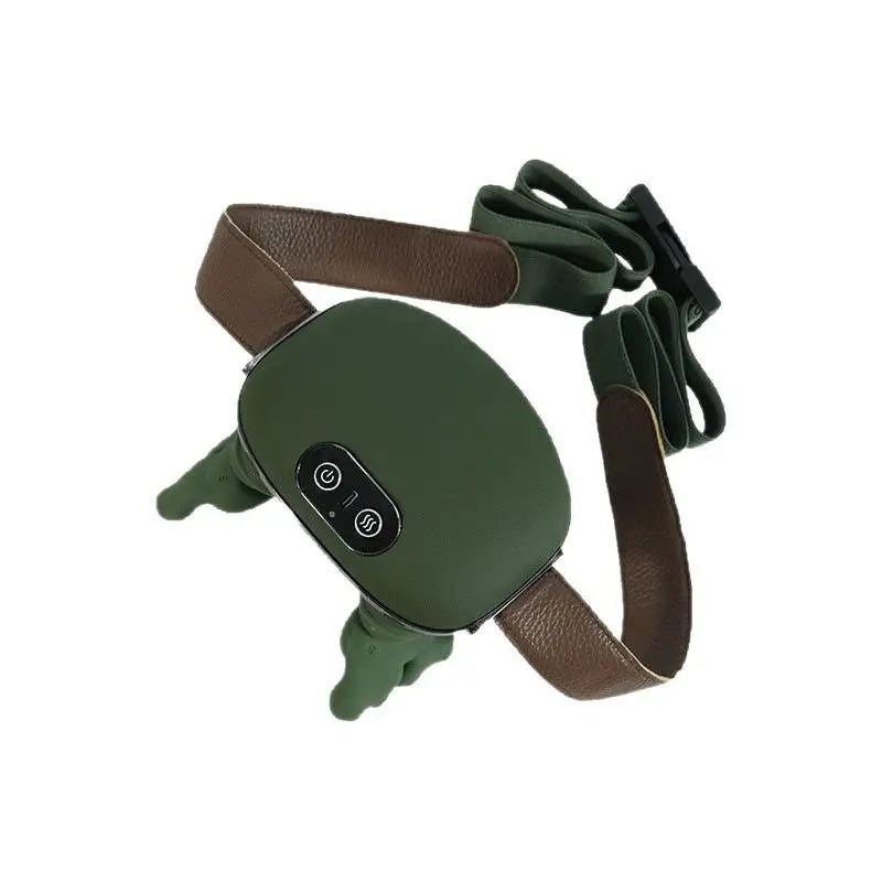 Green electronic device with a brown strap on a white background