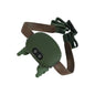 Green electronic device with a brown strap on a white background