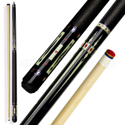 Pool cue and case with decorative design on a white background