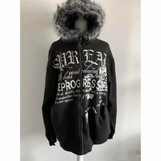 Gothic Designer Women's Hooded Coat Vintage Black Sweatshirt