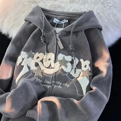 Mode Stickerei Reißverschluss Hoodies Damen Herbst Langarm Tops Locker Kapuzenpullover Kleidung Weiblicher Sweatshirt Jacke