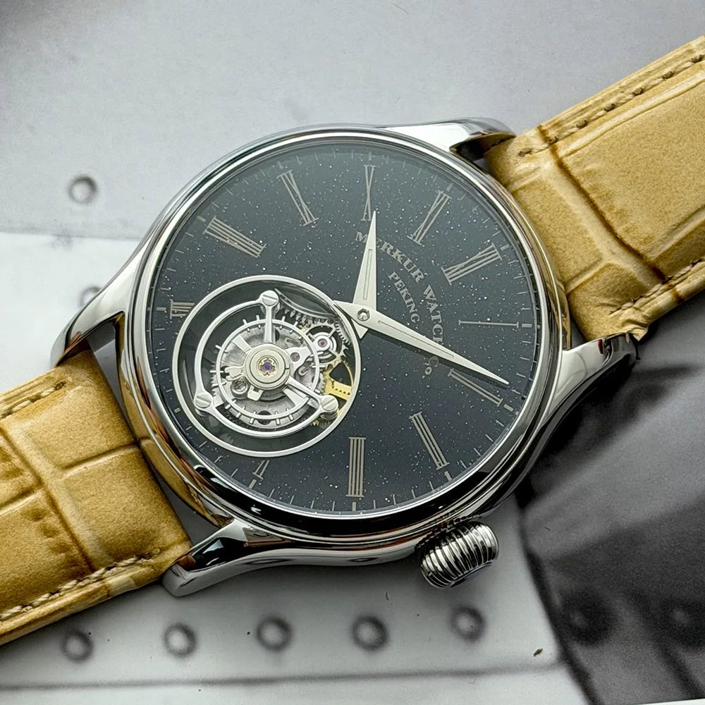 100% Tourbillon Watch Natural Stone Dial Malachite Sapphire Mechanical Wrist Watches