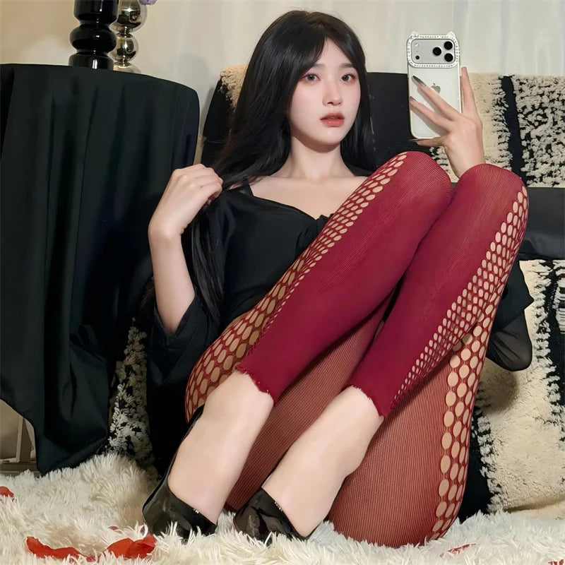 Coffee Black Side Hollow Out Mesh Pantyhose Women's Sexy Striped Vertical Grain Tights JK Breathable Fishnet Stockings