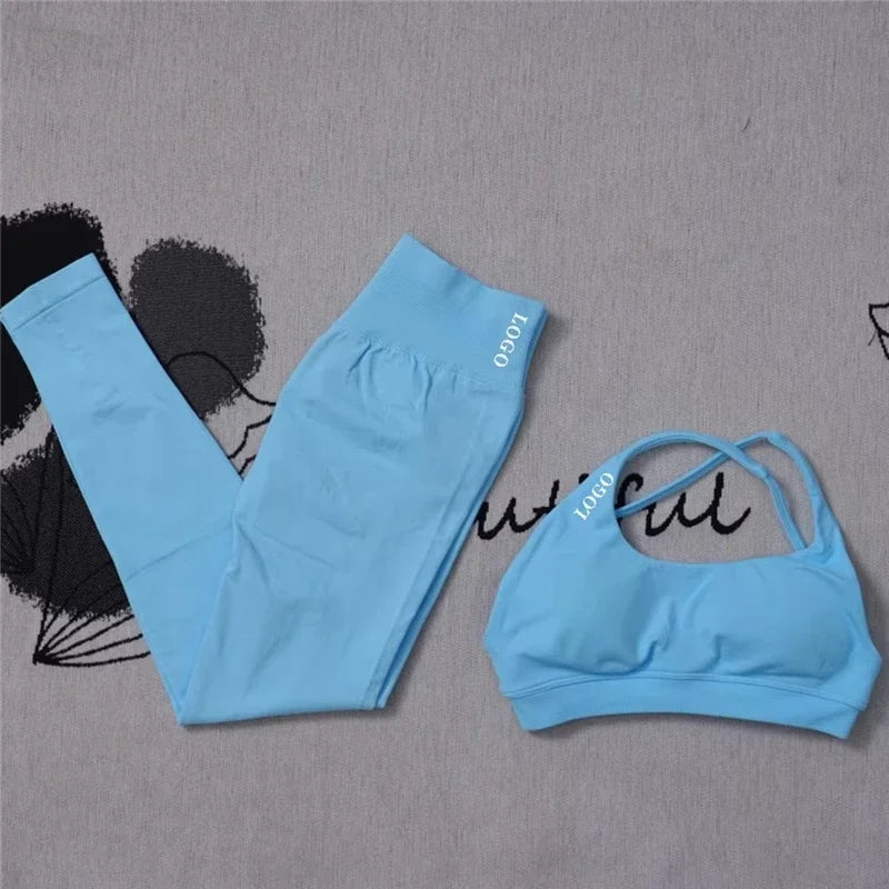 2Pcs Women's Gym Yoga Set Seamless High Waist Leggings Sports Bra Top Workout Outfit Fitness Activewear Running Training Clothes