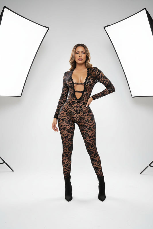 Black Lace Bodysuit | See-Through Long Sleeve Club