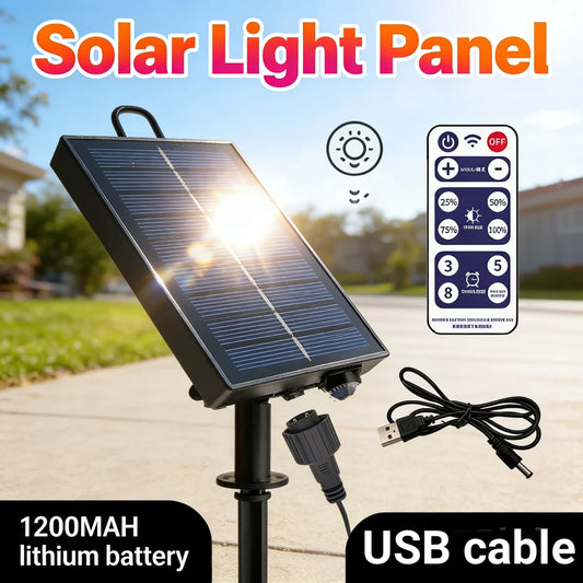 Solar light panel with remote control and USB cable on a clear day