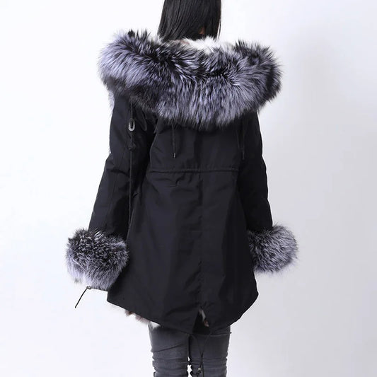 Maomaokong 2022 Winter Long Jacket Echtpelzmantel Damen Kleidung Großer Pelzkragen Abnehmbares Naturfuchsfutter Parkas Lederfell