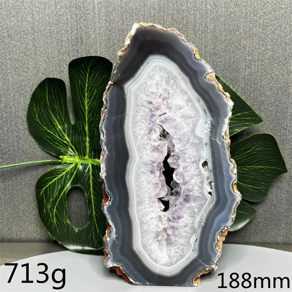 Geode slice with purple interior on a gray background with green leaves
