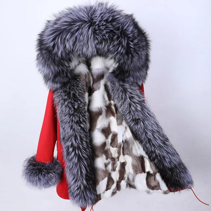 Maomaokong 2022 Winter Long Jacket Real Fur Coat Women Clothes Large Fur Collar Detachable Natural Fox Lining Parkas Leather Fur