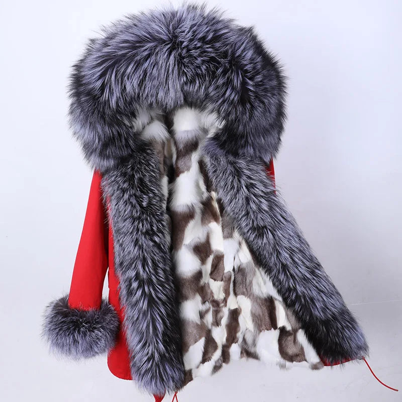 Maomaokong 2022 Winter Long Jacket Real Fur Coat Women Clothes Large Fur Collar Detachable Natural Fox Lining Parkas Leather Fur