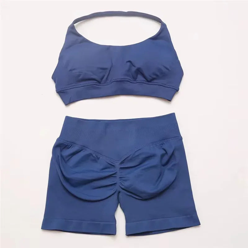 2Pcs Impacts Gym Set Tank Tops High Waist Scrunch Seamless Shorts Gym Suit Fitness Clothes Activewear Workout